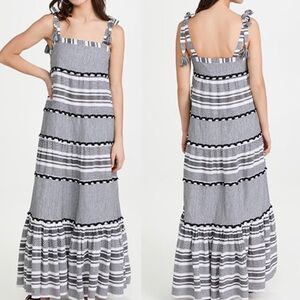 Veronica Beard Quartz Black White Cotton Tassel Strap Tiered Maxi Dress size S